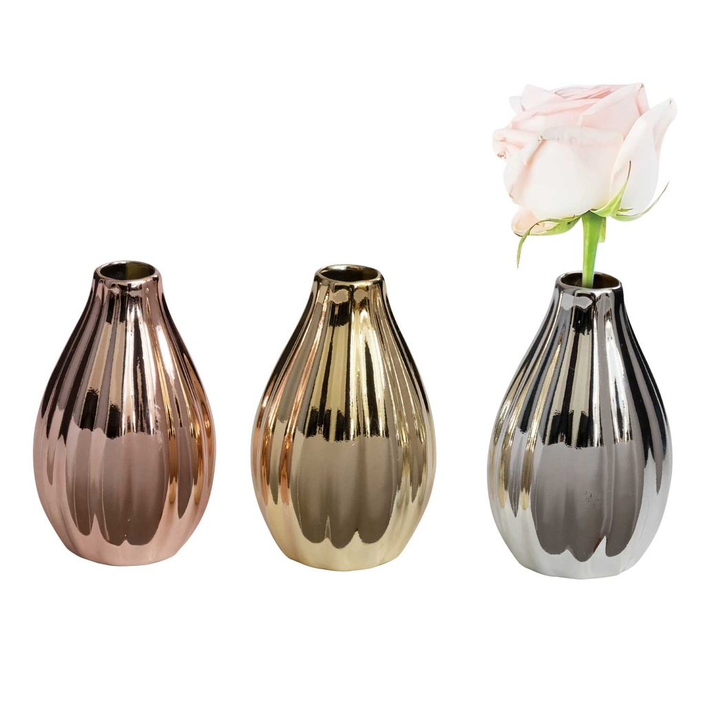 1" X 5" ROSE GOLD, GOLD, & SILVER BUD VASES, SET OF 3 | 1-Set per Pack / 6-Packs per Case