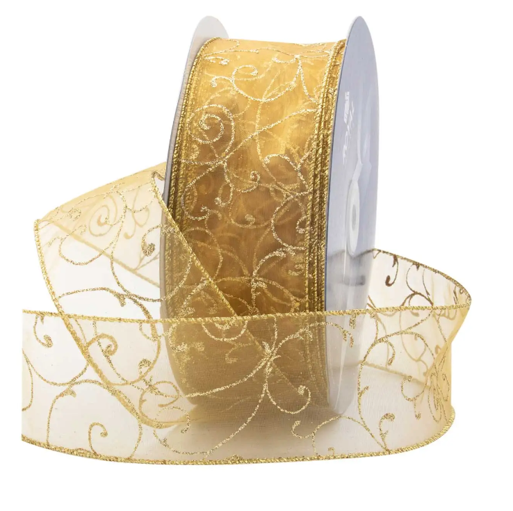 2 1/2" GOLD W/ GOLD SWIRL RIBBON | 50-Yards Per Roll / 12-Roll Per Case