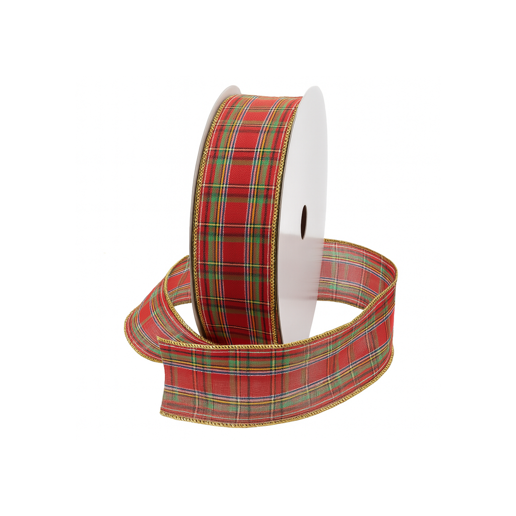 2 1/2" RED PLAID GOLD EDGE WIRED | 25-Yards per ROLL / 12-ROLL per Case