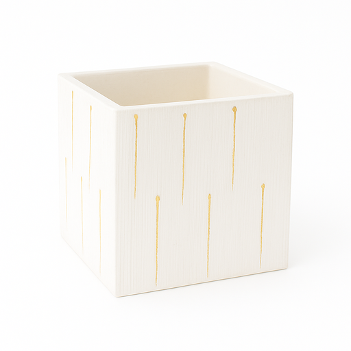 [R66-ETCH-WH] 6" X 6" WHITE & GOLD ETCH CERAMIC CUBE | 12-Piece per Pack