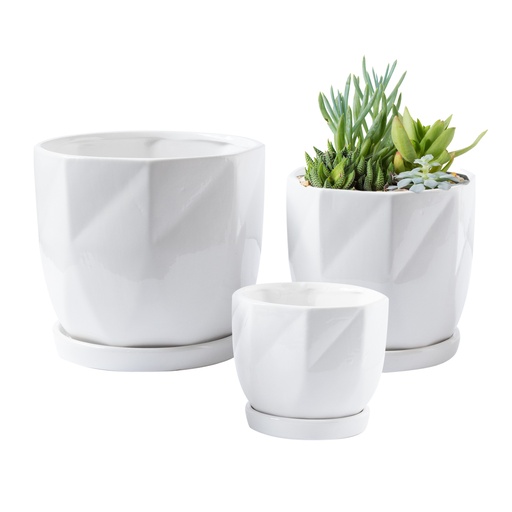 [CER-PLT-1163] 6", 5", 4" WHITE GEOMETRIC CERAMIC PLANTER, SET OF 3 | 3-Set per Pack / 6-Packs per Case