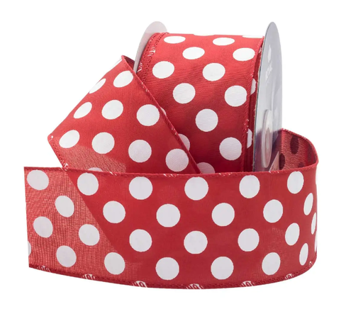 [40DOT-RD] 2 1/2"  RED POLKA DOT WIRED EDGE  RIBBON | 50-Yards per ROLL / 12-ROLL per Case