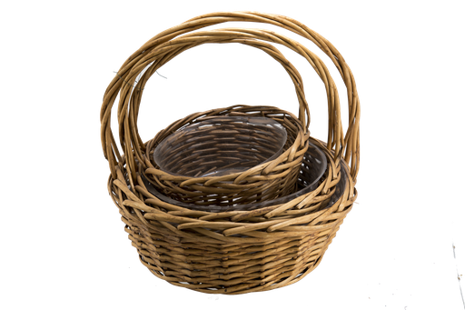 [9002SRD-HS] 16",14",12", HONEY STAINED ROUND HANDLED WILLOW BASKET, SET OF 3 | 3-Piece per Pack / 4-Pack per Case