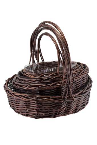 [FL68-DS] 19",16",15",12" DARK BROWN SHALLOW OVAL HANDLED BASKET | 4-Piece per Set / 4-Sets per Case